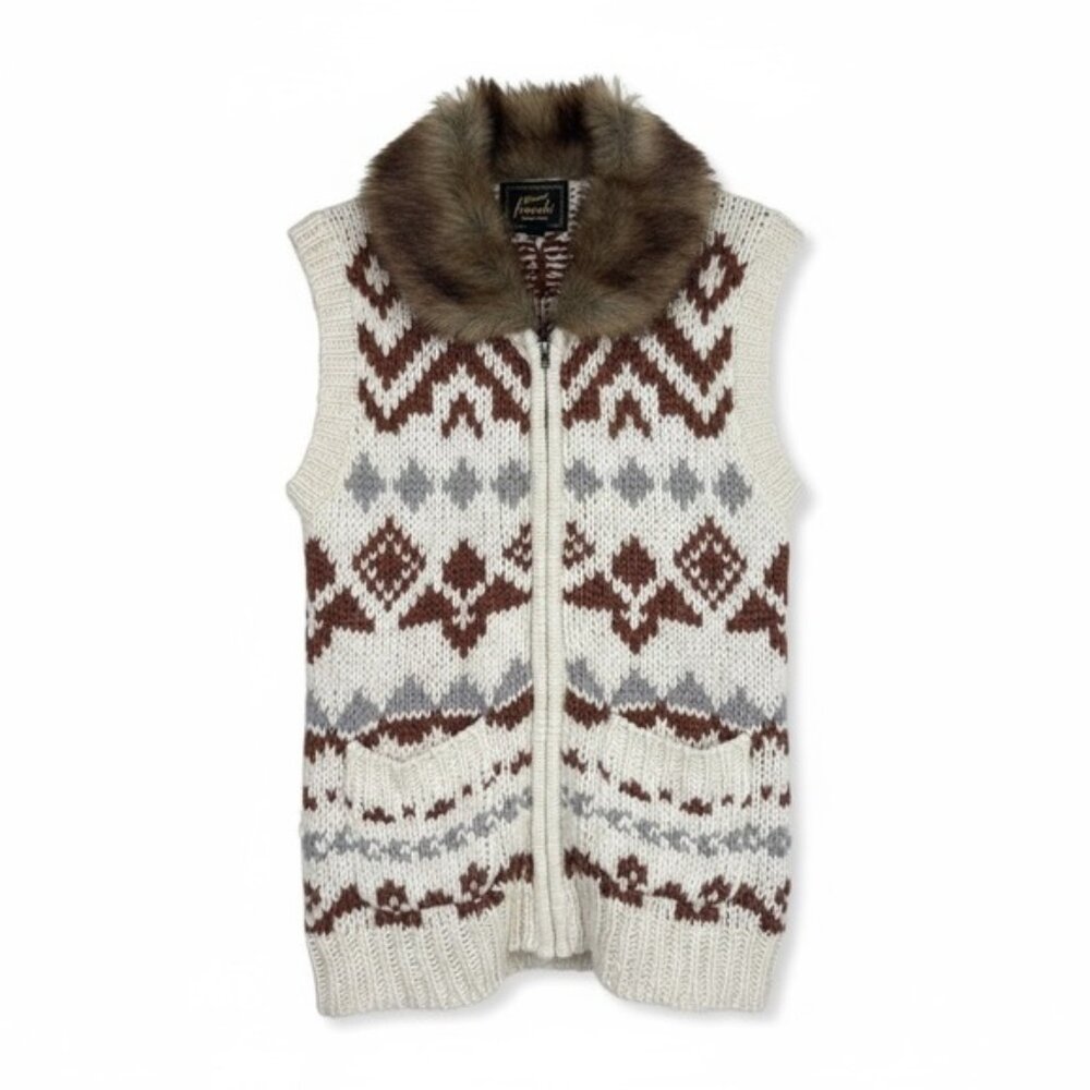 Frenchi Fair Isle Faux Fur Collar Knit Zip Up Vest Cream Brown Scandi Cottage‎